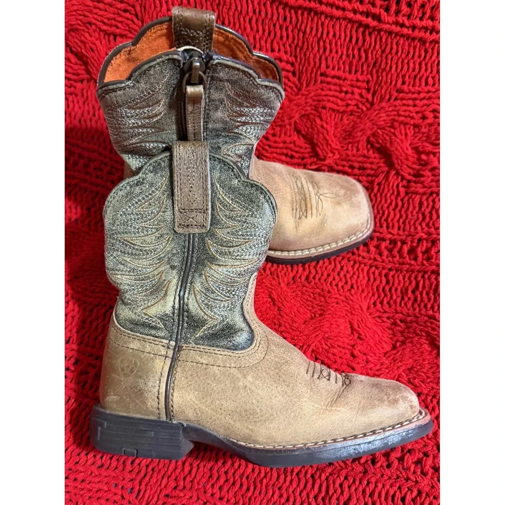 Ariat Kids Western Boots Brown Leather Square Toe Side Zip  Size 8 Toddler